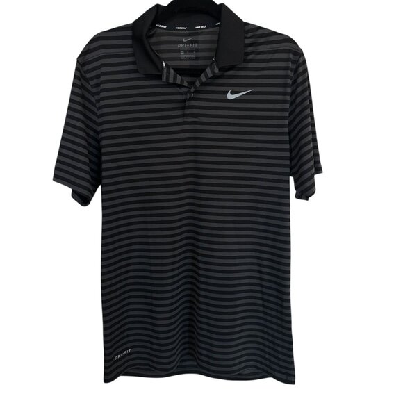 Nike Golf Shirt Dri-FIT Polo Black Gray Striped Short Sleeve Mens Medium M - Picture 1 of 11
